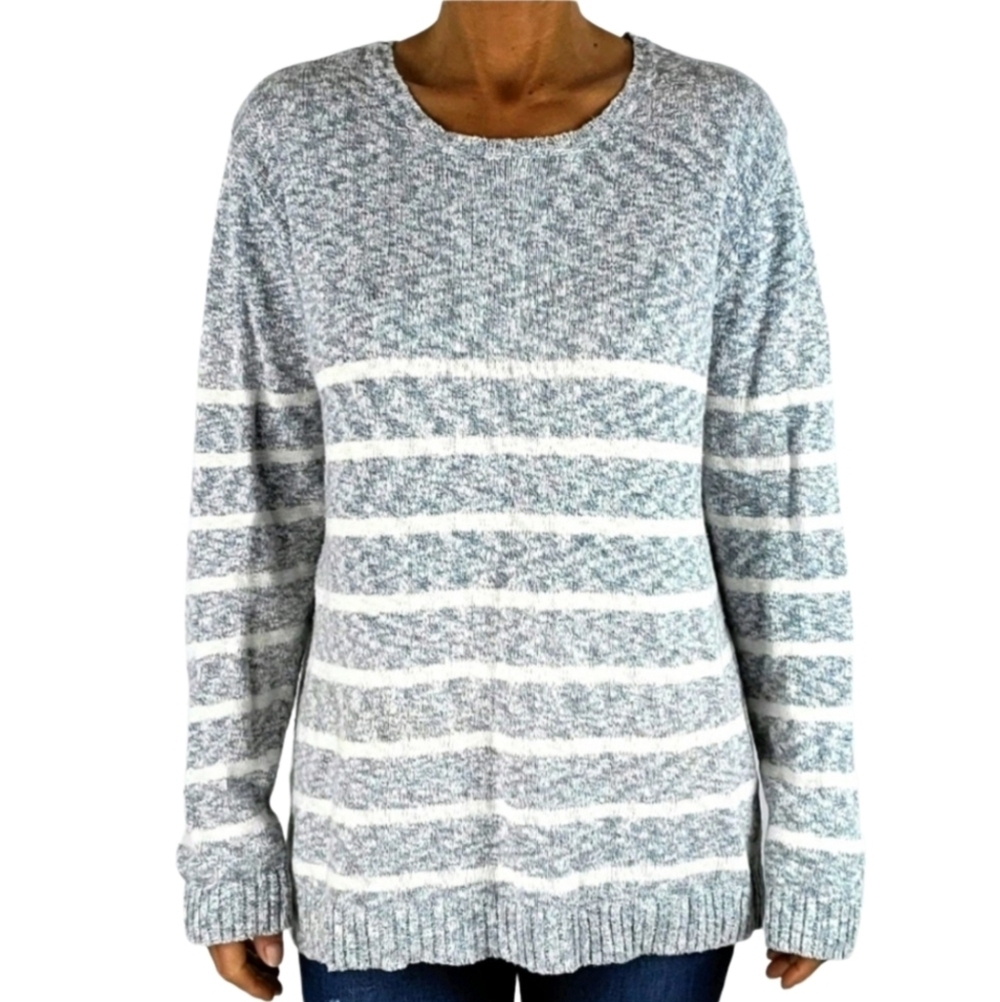 Pull&Bear Long Sleeve Scoop Neck Sweater Size X Large Grey White Striped